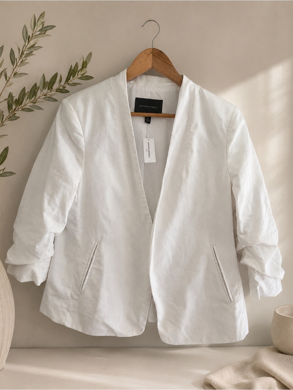 Banana Republic White Open-Front Linen-Blend Blazer